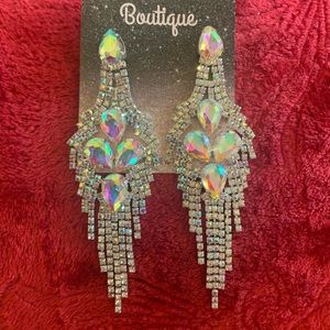AB Fringe Earrings Silvertone Pierced